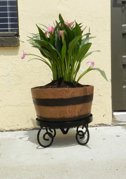 Half Barrel Planter with Wrought Iron Stand